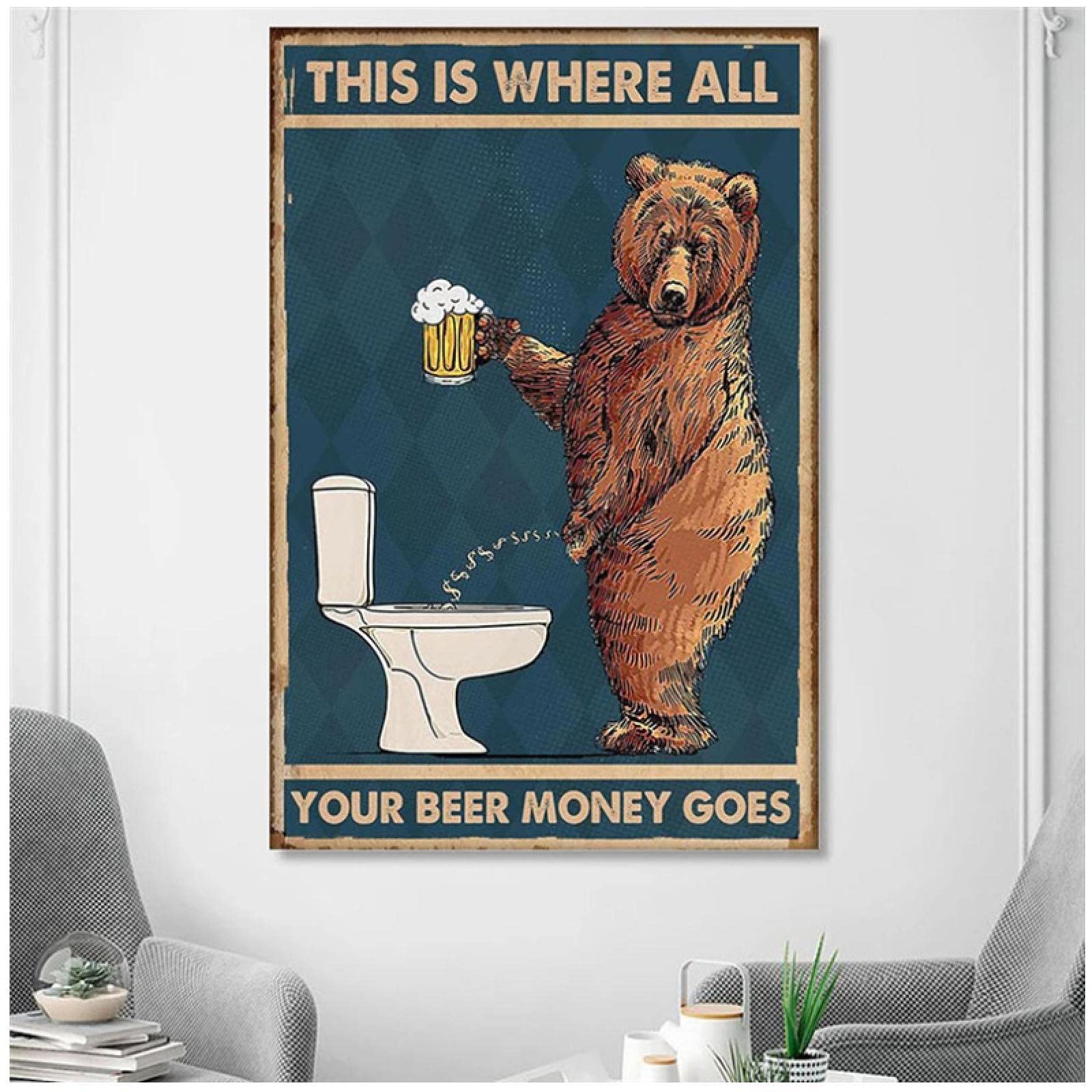Amazon.co.jp: 不機嫌そうなクマがビールを飲むバスルームのキャンバス